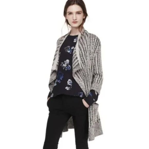 THAKOON FOR NATION BLACK & WHITE CHUNKY KNIT WATERFALL LONG CARDIGAN SIZE MEDIUM - Picture 1 of 10